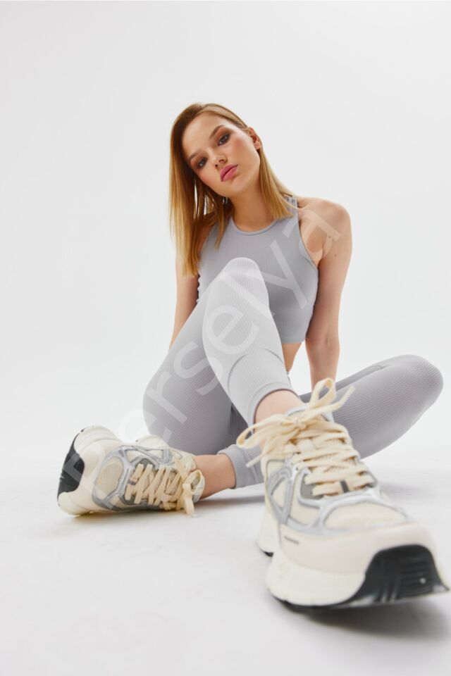 Gri Yüksek Bel Fitilli Tayt 0608