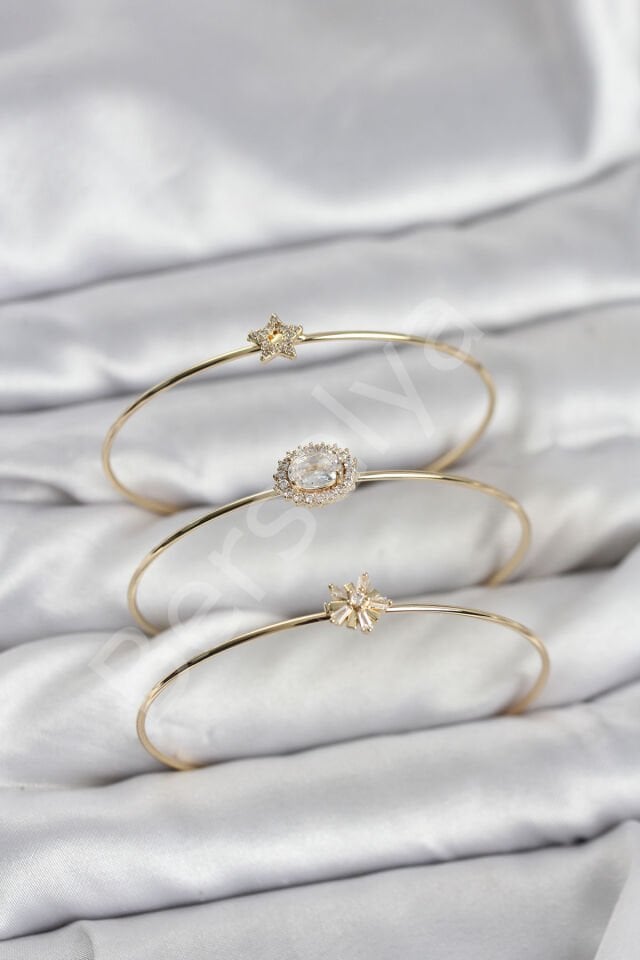 Zirkon Taşlı Gold Renk Tek Taş Model 3'lü Kadın Bileklik Kombini