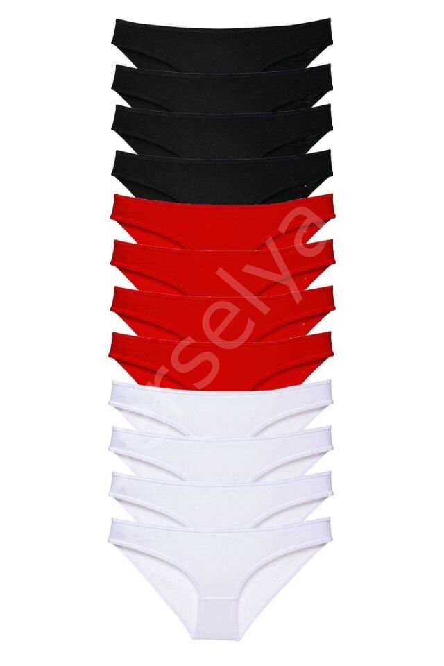 12 adet Süper Eko Set Likralı Kadın Slip Külot Siyah Kırmızı Beyaz M
