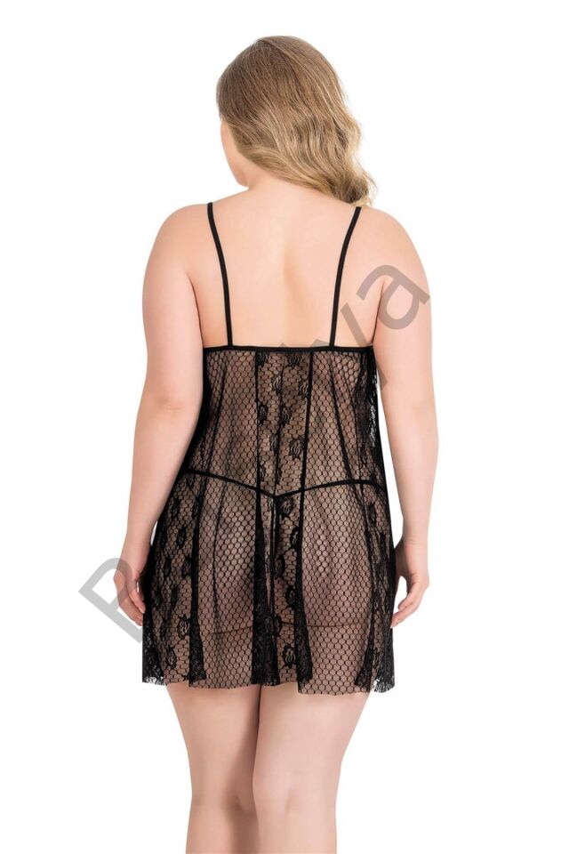 Büyük Beden Siyah Kısa Tül Gecelik