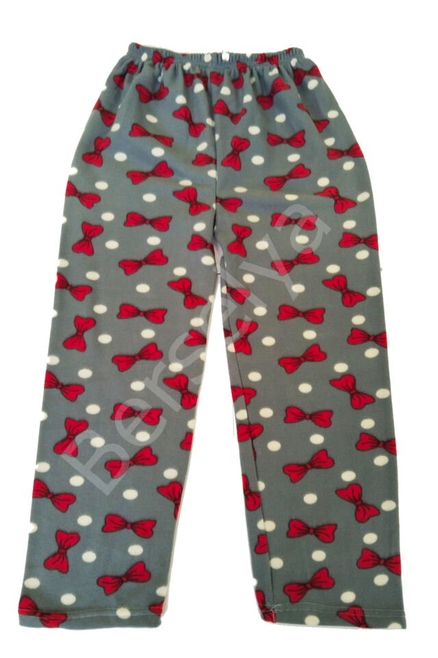 Kadın Polar Pijama Altı Termal Özellikli Papyon Desenli Gri Ev Giyim Cepsiz