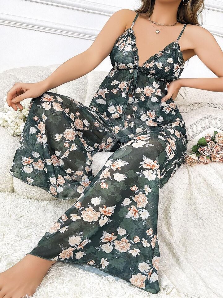 Özel Tasarım Büyük Beden Çiçek Desenli Bol Kesim 2'li Pijama Takımı