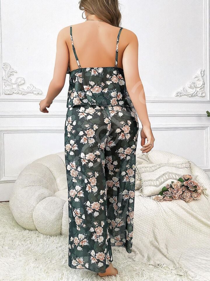 Özel Tasarım Büyük Beden Çiçek Desenli Bol Kesim 2'li Pijama Takımı