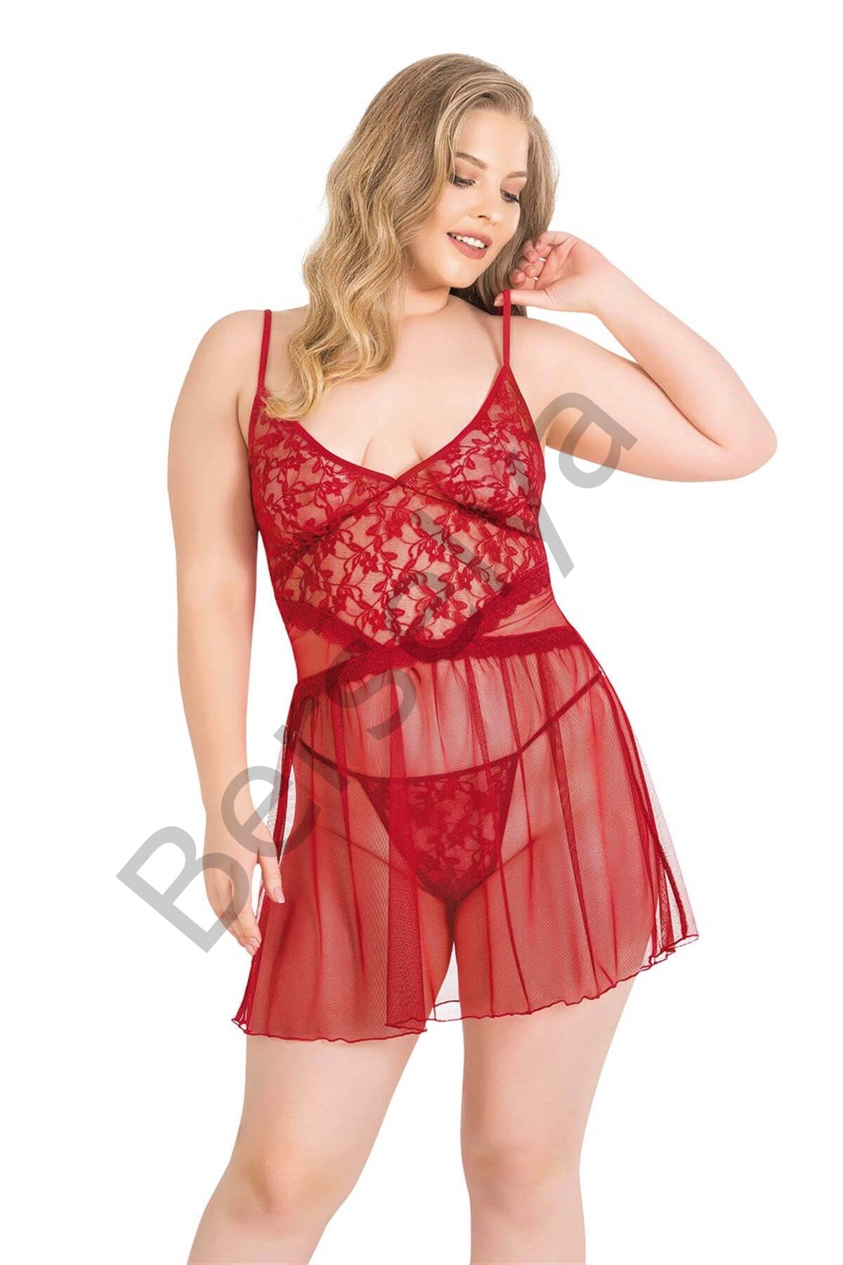 Büyük Beden Kırmızı Kısa Tül Gecelik