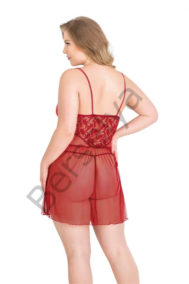 Büyük Beden Kırmızı Kısa Tül Gecelik