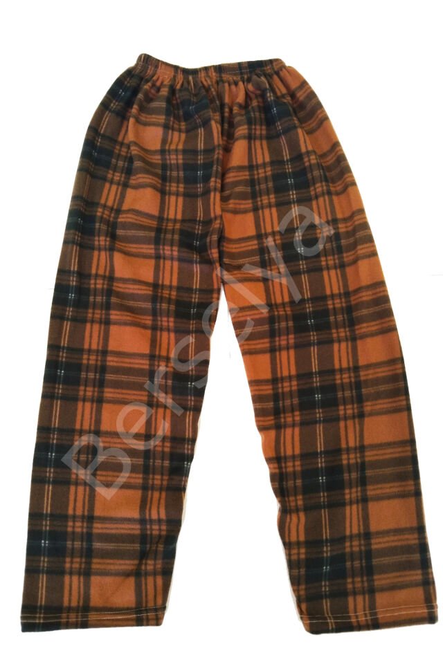 Unisex Polar Pijama Altı Termal Özellikli Taba Ekose Desenli Ev Giyim Cepsiz