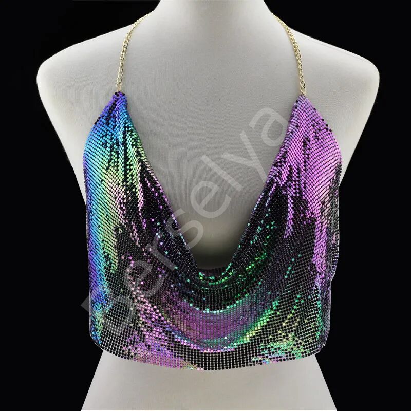 Parlak Gökuşağı Crop & Bluz Kolsuz Kayık Yaka Zırh Büstiyer