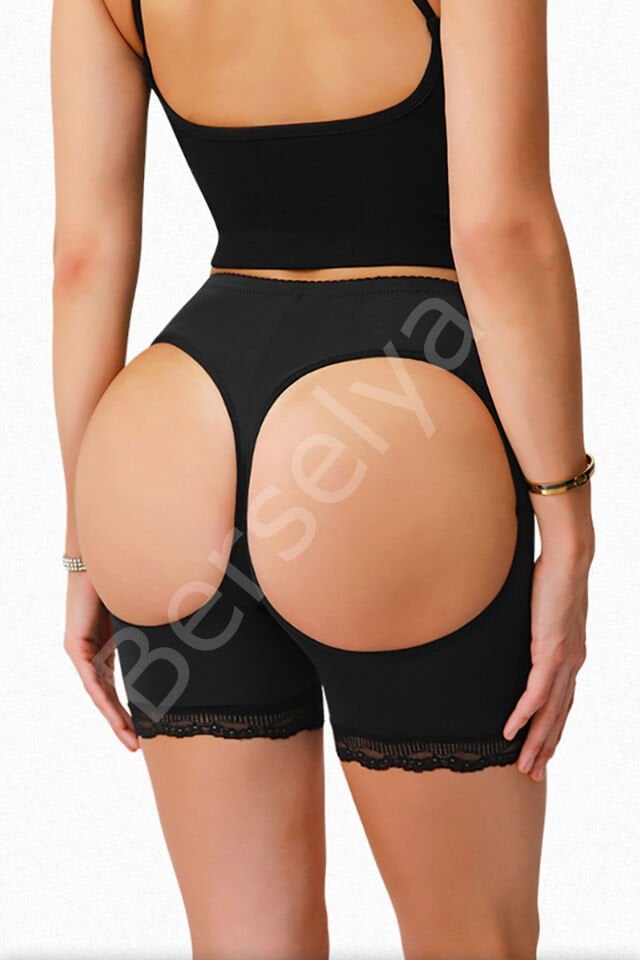 Kadın Siyah Pop Up Kalça Kaldırıcı Ve Sekillendirici Dantel Paçalı Şort Külot