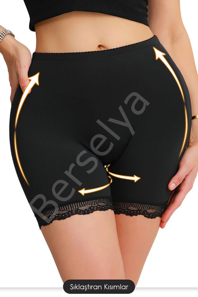 Kadın Siyah Pop Up Kalça Kaldırıcı Ve Sekillendirici Dantel Paçalı Şort Külot