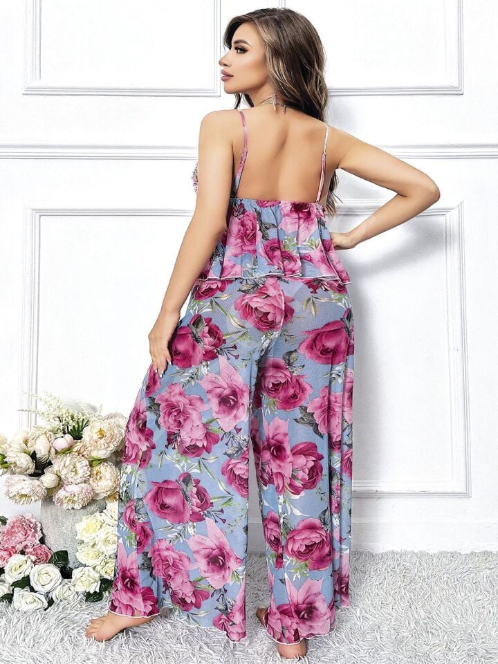 Özel Tasarım Büyük Beden Kırmızı Çiçek Desenli Bol Kesim 2'li Pijama Takımı