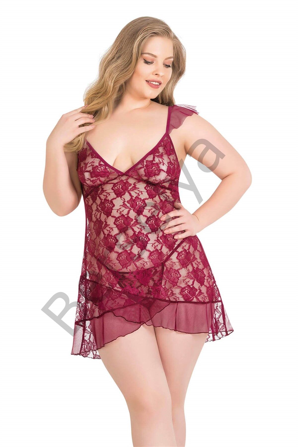 Büyük Beden Bordo Kısa Tül Gecelik