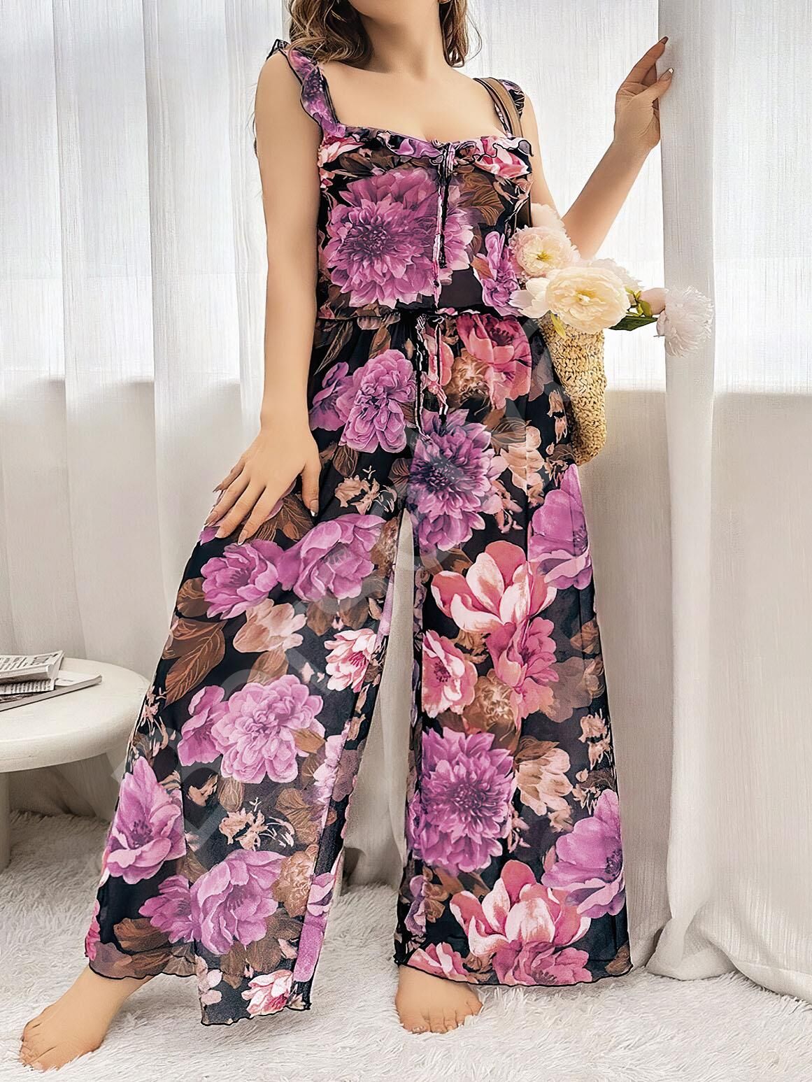 Özel Tasarım Büyük Beden Çiçek Desenli Bol Kesim 2'li Pijama Takımı