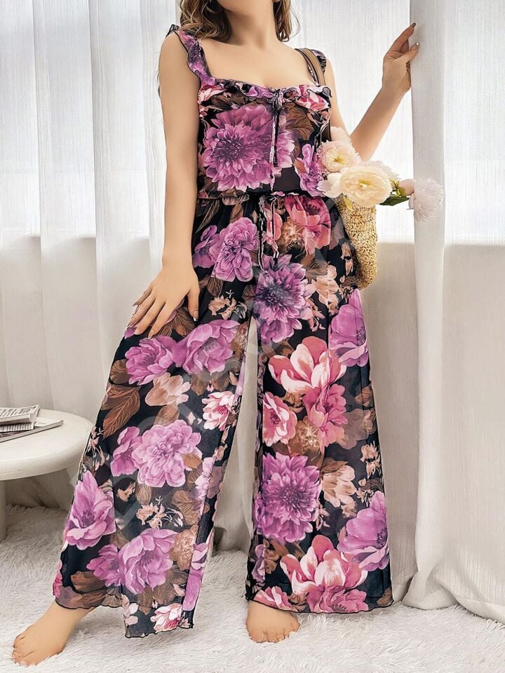 Özel Tasarım Büyük Beden Çiçek Desenli Bol Kesim 2'li Pijama Takımı