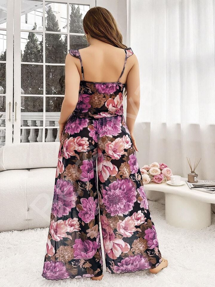 Özel Tasarım Büyük Beden Çiçek Desenli Bol Kesim 2'li Pijama Takımı