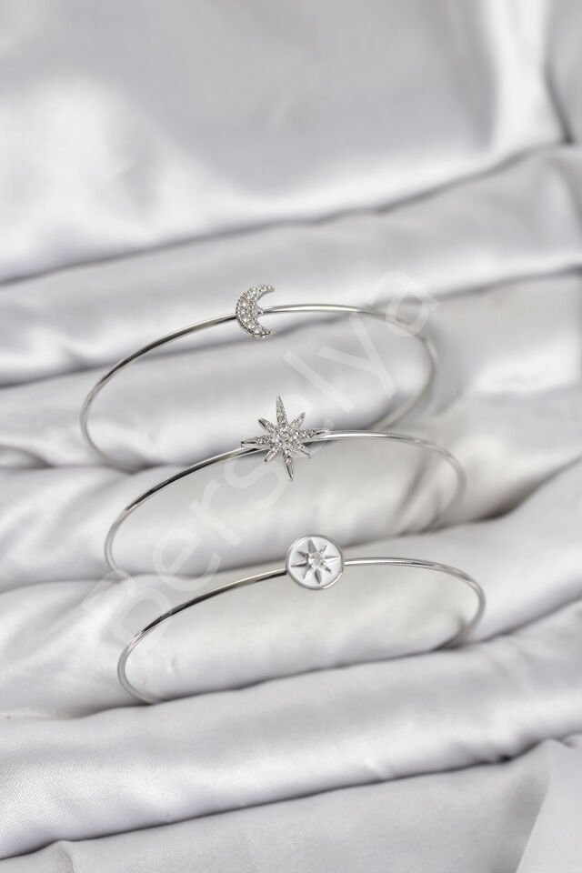 Gümüş Renk Zirkon Taşlı Kutup Yıldızı Model 3'lü Kadın Bileklik Kombini