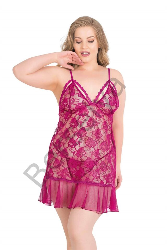 Büyük Beden Vişne Kısa Tül Gecelik