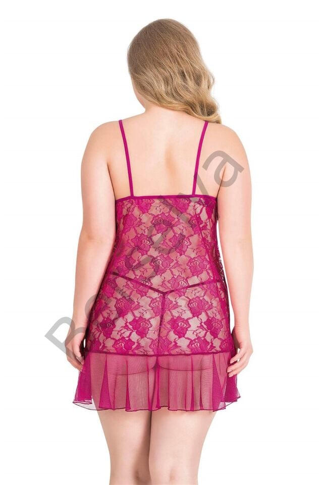 Büyük Beden Vişne Kısa Tül Gecelik