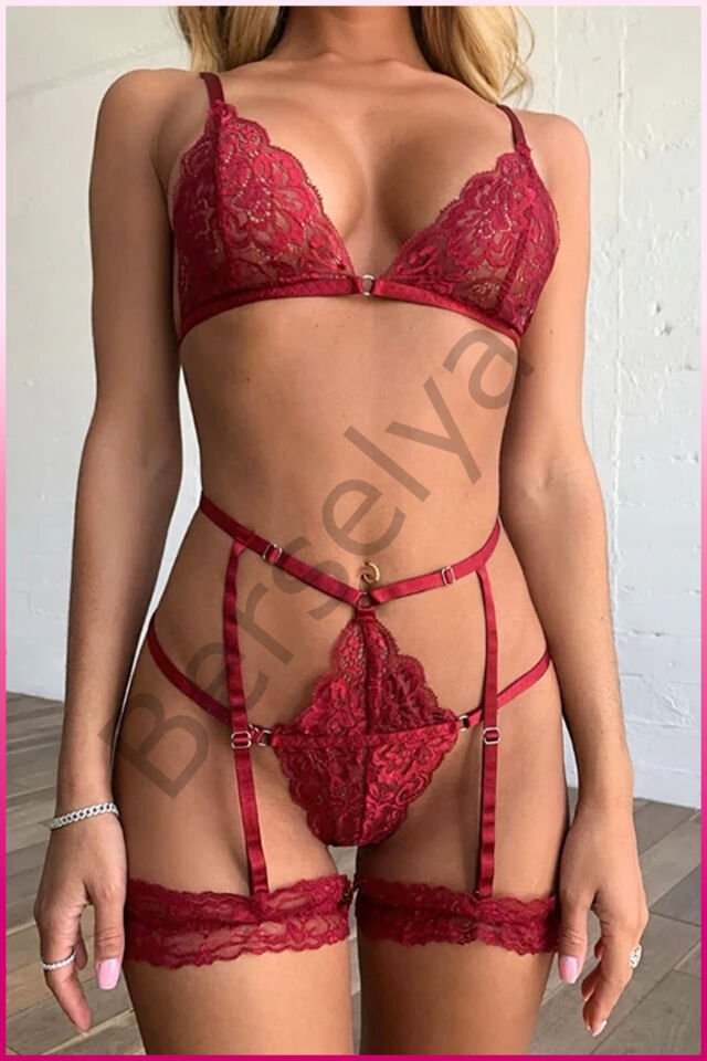 Kırmızı Göğüs Dantelli Seksi Jartiyer Takım