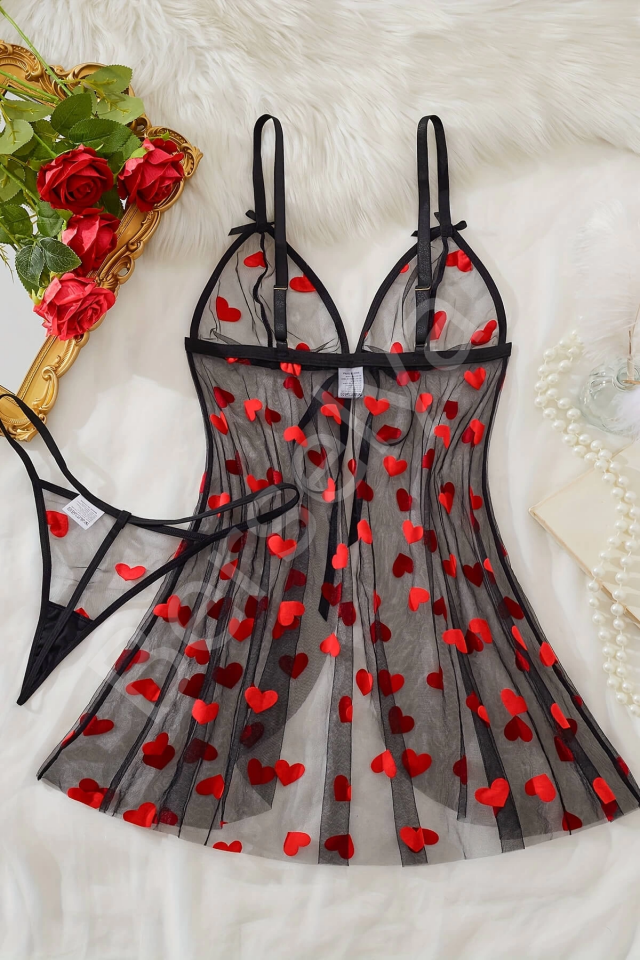 Kalp Desenli Siyah Transparan Gecelik Brf1378