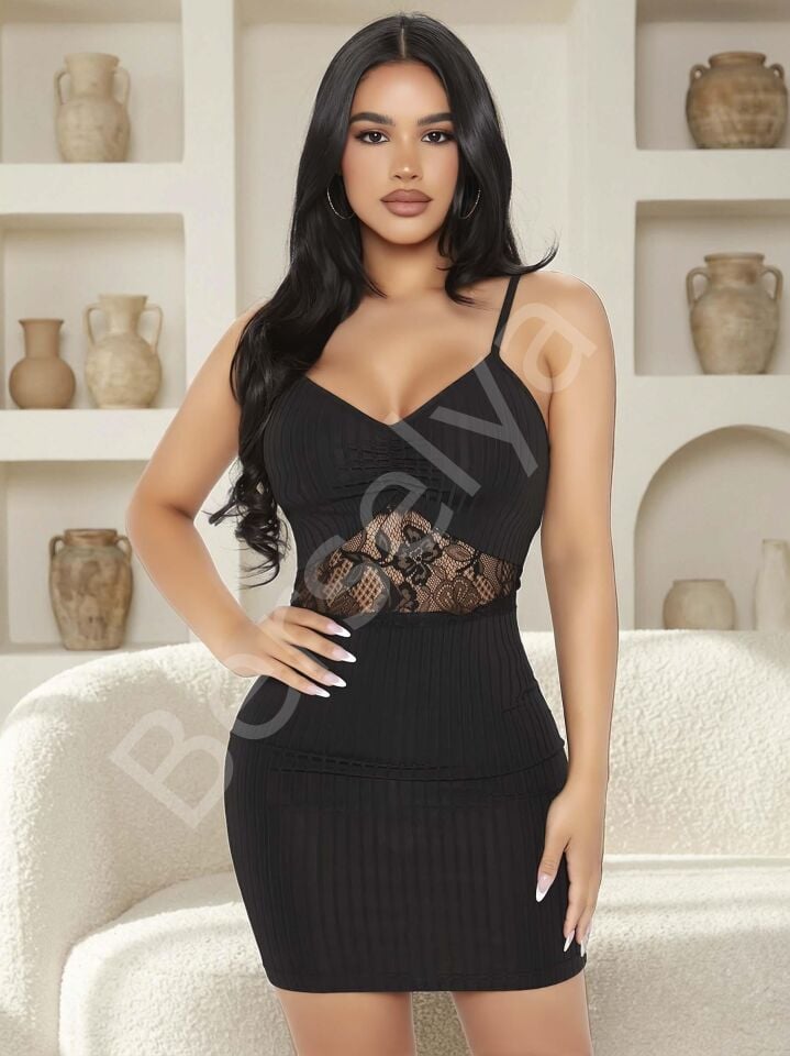 Kadın Siyah Göbek Dantel Detaylı Fantezi Elbise 5142