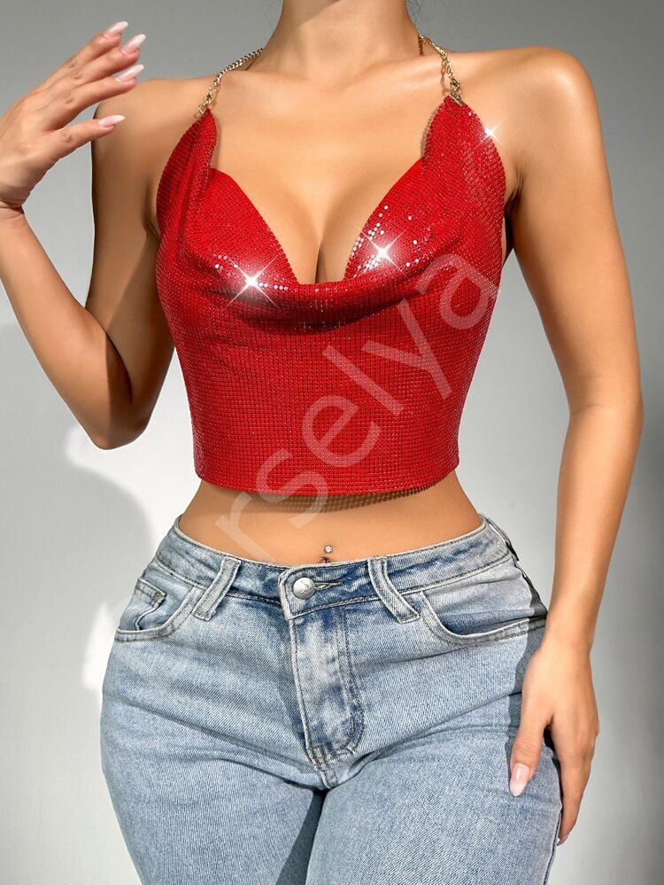 Parlak Kırmızı Crop & Bluz Kolsuz Kayık Yaka Zırh Büstiyer