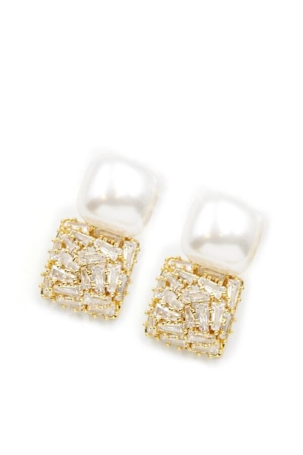 İnci Baget Taşlı Küpe - Altın