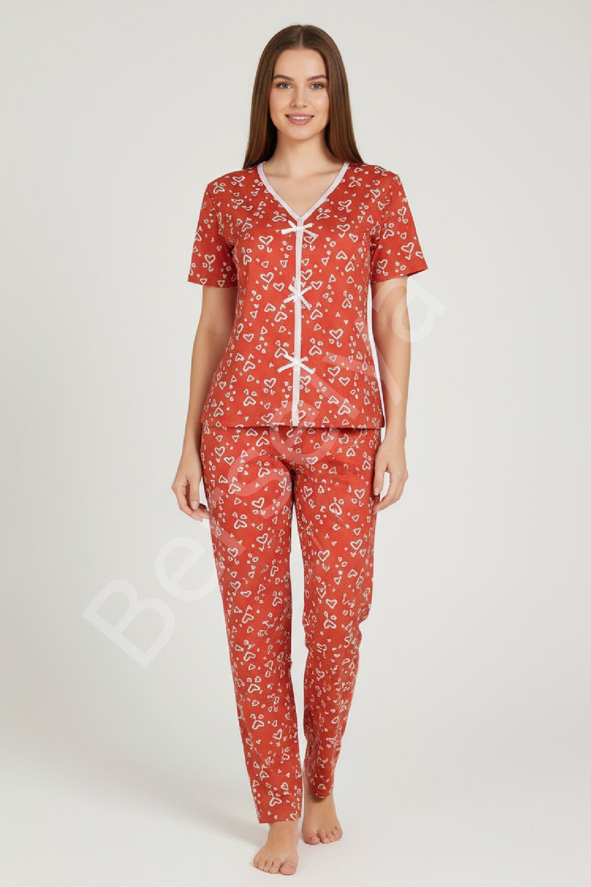 Kadın Turuncu Kalp Desenli Fiyonklu Kısa Kollu Uzun Pijama Takımı