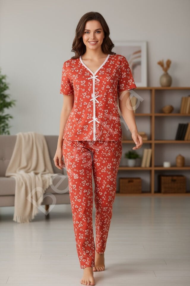 Kadın Turuncu Kalp Desenli Fiyonklu Kısa Kollu Uzun Pijama Takımı
