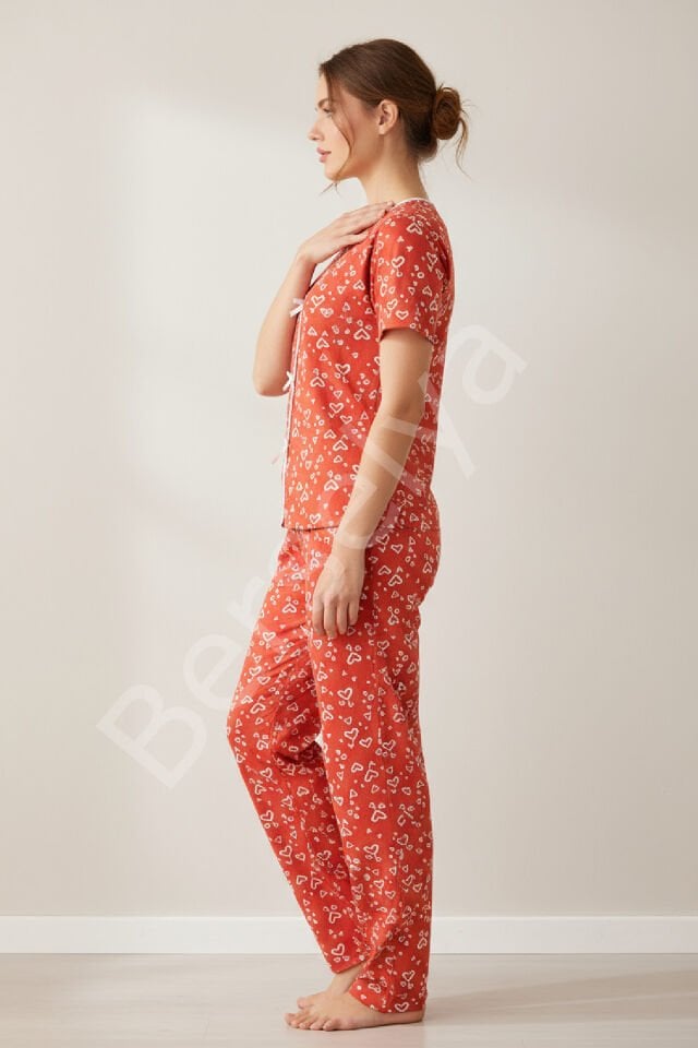 Kadın Turuncu Kalp Desenli Fiyonklu Kısa Kollu Uzun Pijama Takımı