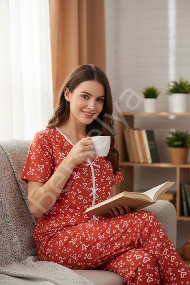 Kadın Turuncu Kalp Desenli Fiyonklu Kısa Kollu Uzun Pijama Takımı