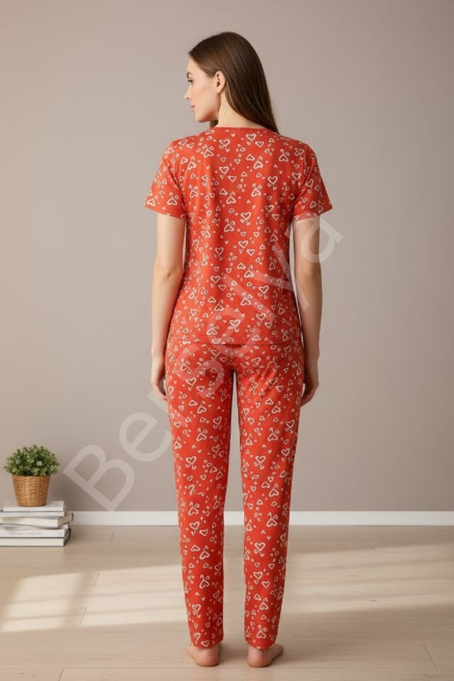 Kadın Turuncu Kalp Desenli Fiyonklu Kısa Kollu Uzun Pijama Takımı