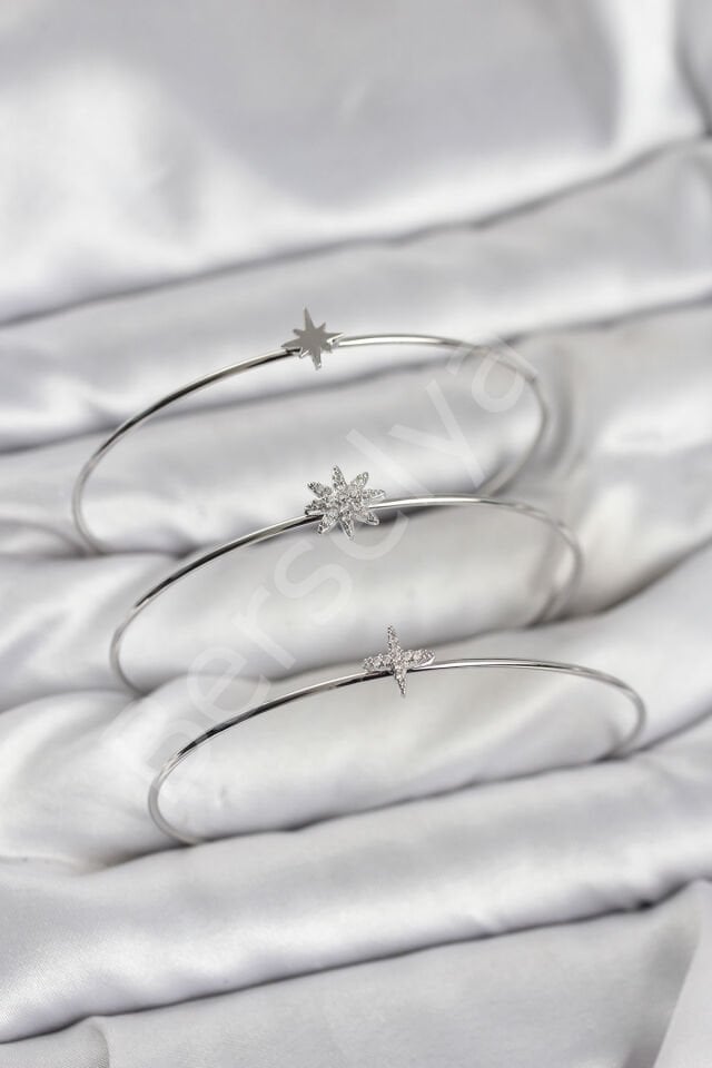 Zirkon Taşlı Kutup Yıldızı Model Gümüş Renk 3'lü Kadın Bileklik Kombini