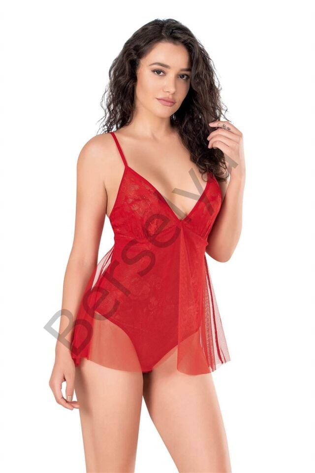 Kırmızı Jakarlı Bodysuit Gecelik