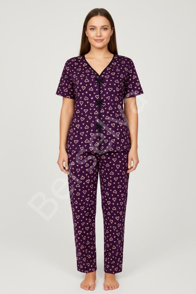 Kadın Mor Kalp Desenli Fiyonklu Kısa Kollu Uzun Pijama Takımı