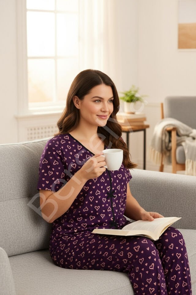Kadın Mor Kalp Desenli Fiyonklu Kısa Kollu Uzun Pijama Takımı
