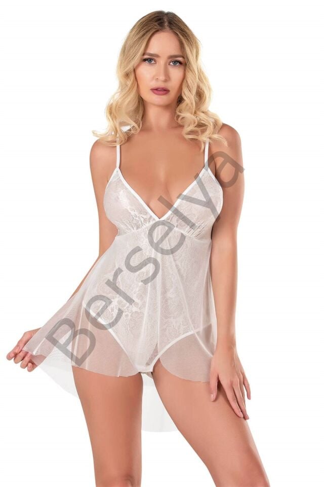 Ekru Jakarlı Bodysuit Gecelik
