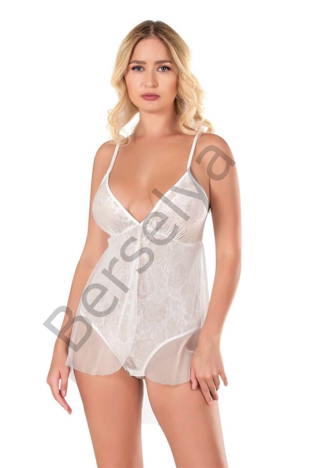 Ekru Jakarlı Bodysuit Gecelik