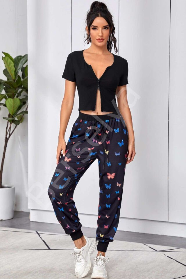 Kadın Siyah Çift Fermuarlı Yarım Kol Crop Top Bluz