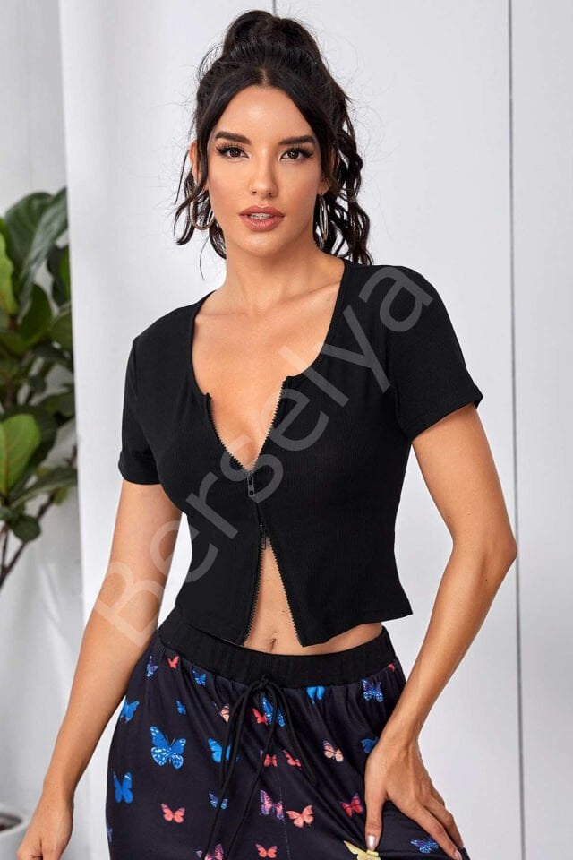 Kadın Siyah Çift Fermuarlı Yarım Kol Crop Top Bluz