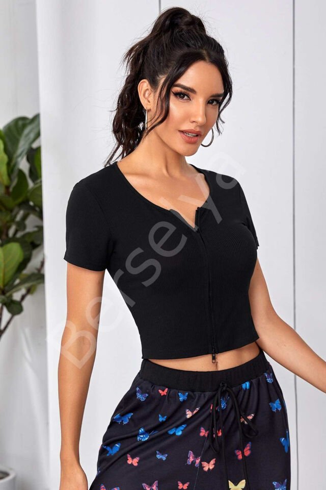 Kadın Siyah Çift Fermuarlı Yarım Kol Crop Top Bluz
