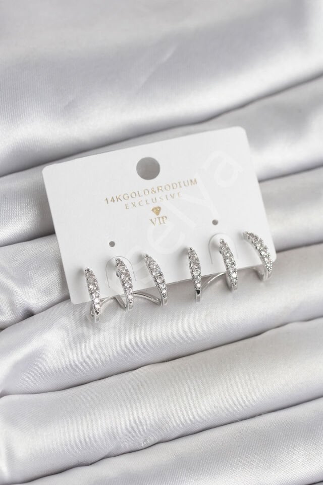 Gümüş Renk Pirinç Zirkon Taşlı Kadın Küpe