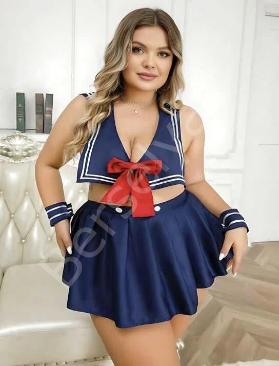 Büyük Beden Lacivert Büstiyerli Kurdela Detaylı Mini Etekli Fantezi Denizci Kostümü