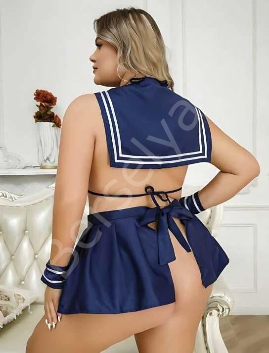 Büyük Beden Lacivert Büstiyerli Kurdela Detaylı Mini Etekli Fantezi Denizci Kostümü