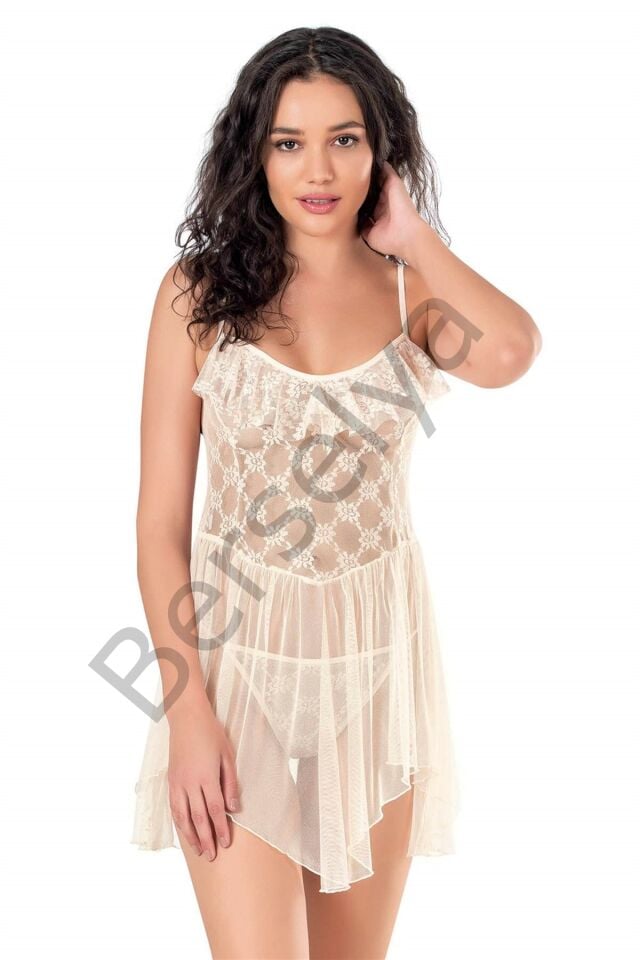 Fildişi Kısa Tül Gecelik