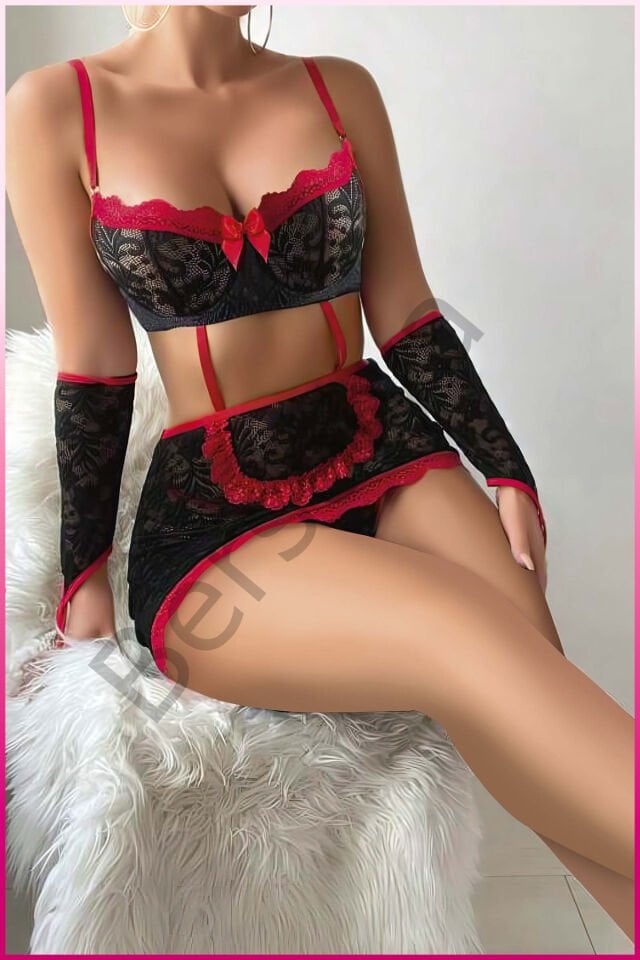 Kadın Siyah Dantel Etekli, Kol Bantlı, Göğüs Balenli  Fantazi Kostüm