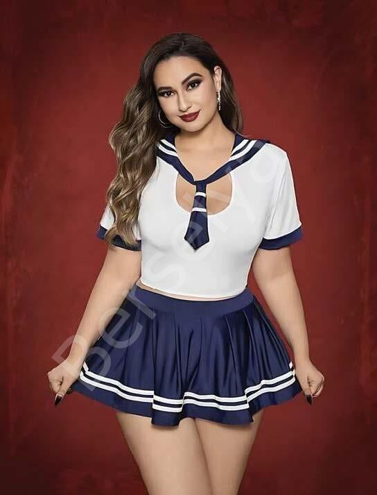 Büyük Beden Lacivert Mini Etekli Fantezi Denizci Kostümü