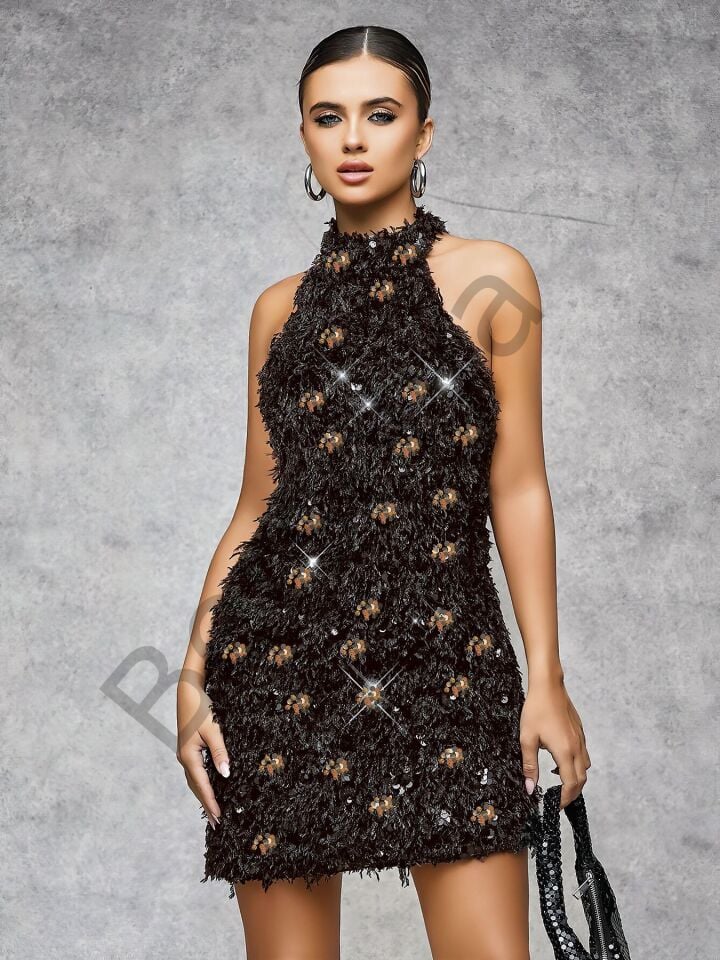 Özel Tasarım Gümüş Işıltılı Sırt Dekolteli Fantezi Mini Club Elbisesi