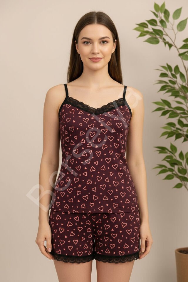 Kadın Mor Kalp Desenli Askılı Şortlu Dantelli Pijama Takımı