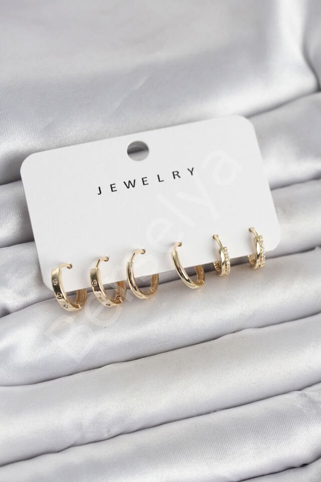 Gold Renk Pirinç 3 Çift Kadın Küpe Seti