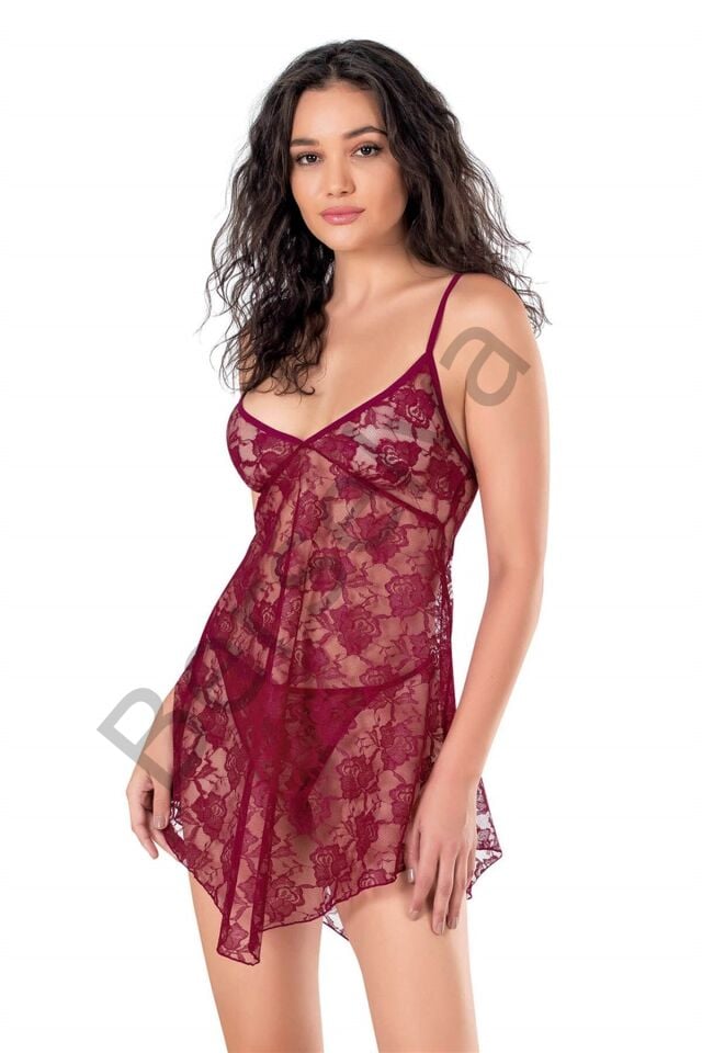 Bordo Kısa Tül Gecelik